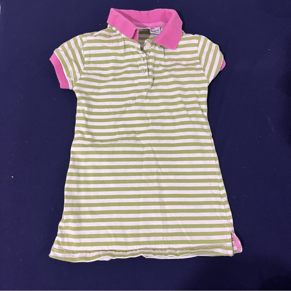 Retro Or VTG Toddler Girl Green And White Striped Cotton Heartstrings Polo Dress